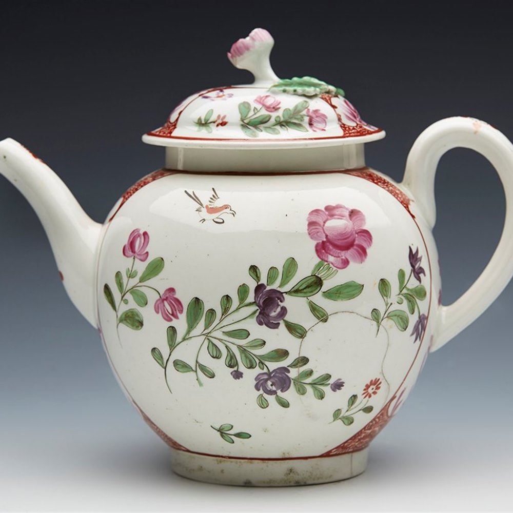 Antique Worcester Globular Lidded Teapot C.1770 CE083218 | Second Hand Art