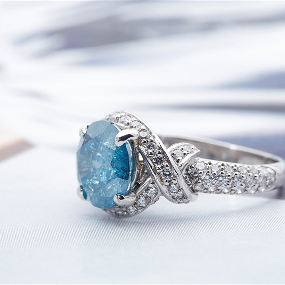 Platinum - 6.93 Grams Platinum 3.98cts Round Blue Diamond Engagement Ring