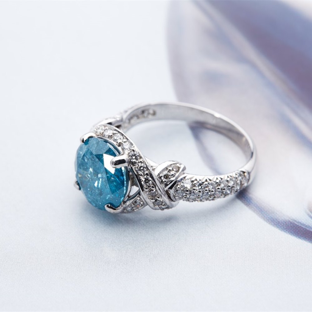 Platinum - 6.93 Grams Platinum 3.98cts Round Blue Diamond Engagement Ring
