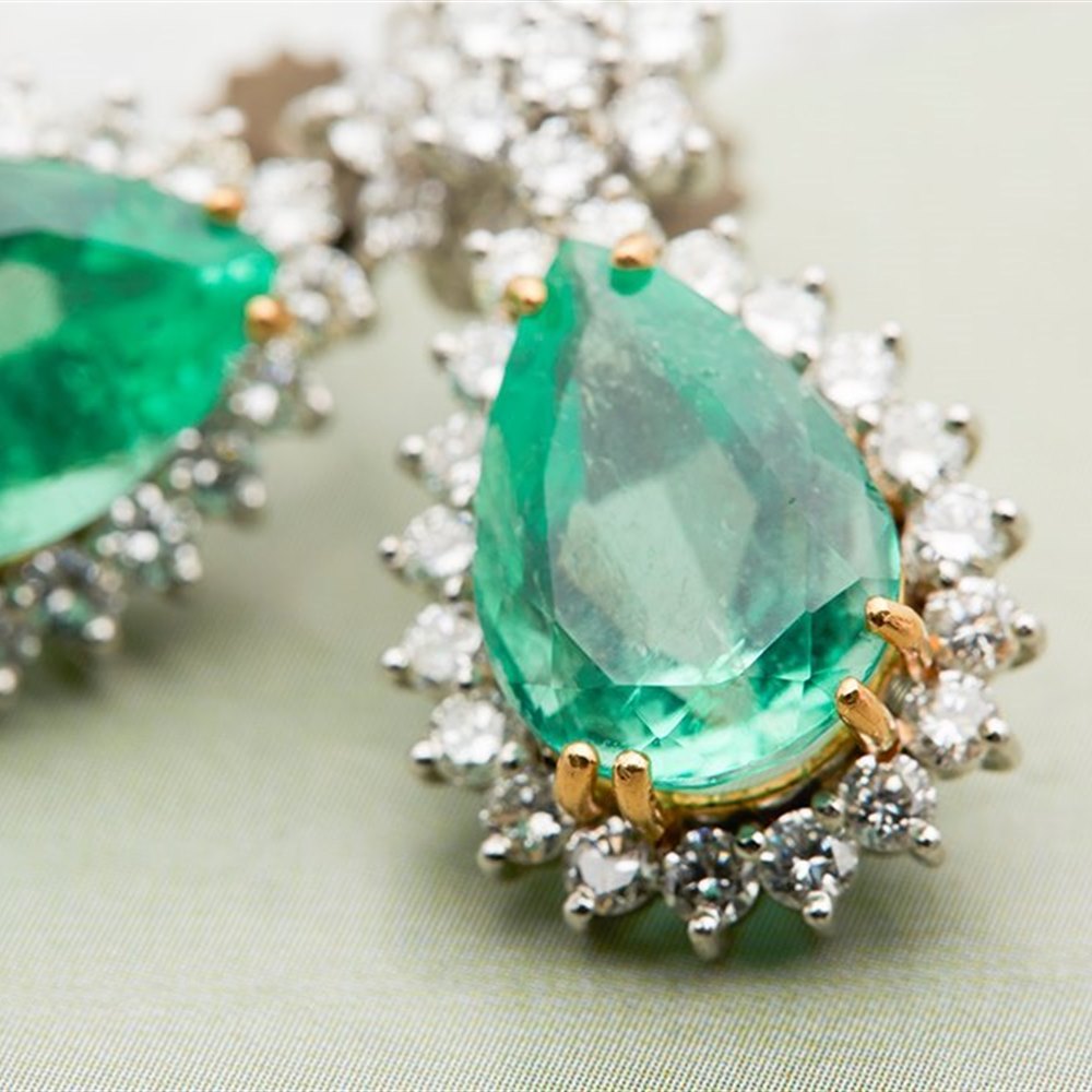18k White Gold (each 6 claw setting holding Emerald is made from 18k Yellow Gold) 18k White Gold 9.00ct Colombian Emerald & 2.60ct Diamond Earrings