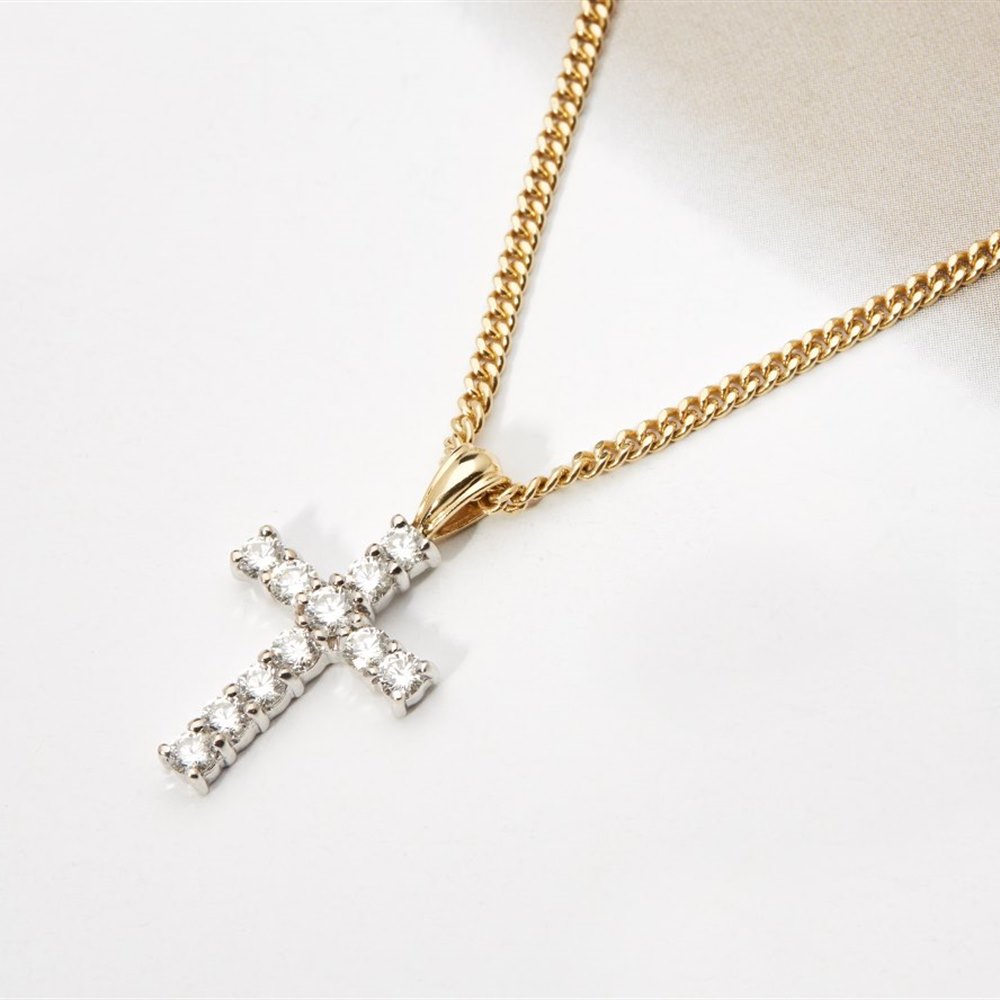 Tiffany & Co. 18K White Gold 1.50cts VS G Diamond Cross Pendant on 18K Yellow Gold Chain