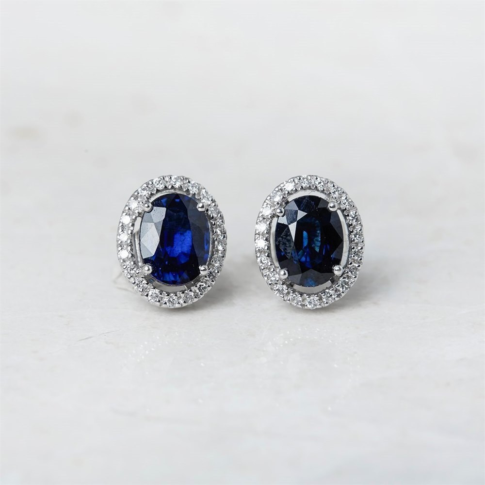 18k White Gold, total weight - 4.57 grams 18k White Gold Oval Cut 3.46ct Sapphire & 0.31ct Diamond Stud Earrings