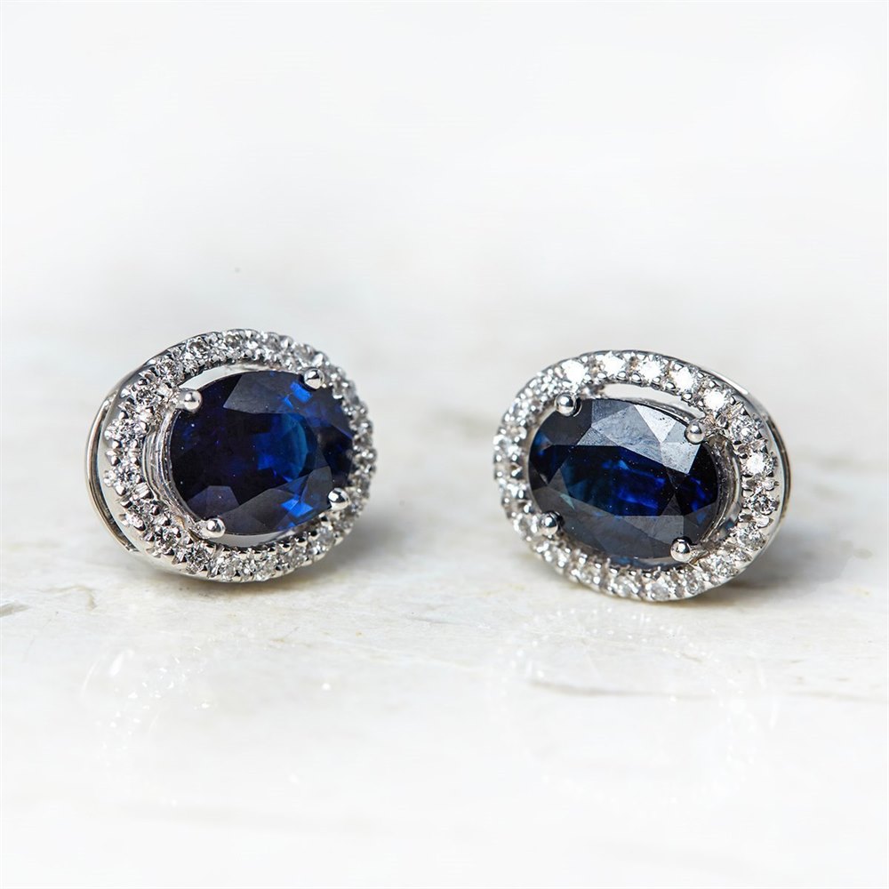 18k White Gold Oval Cut 3.46ct Sapphire & 0.31ct Diamond Stud Earrings ...