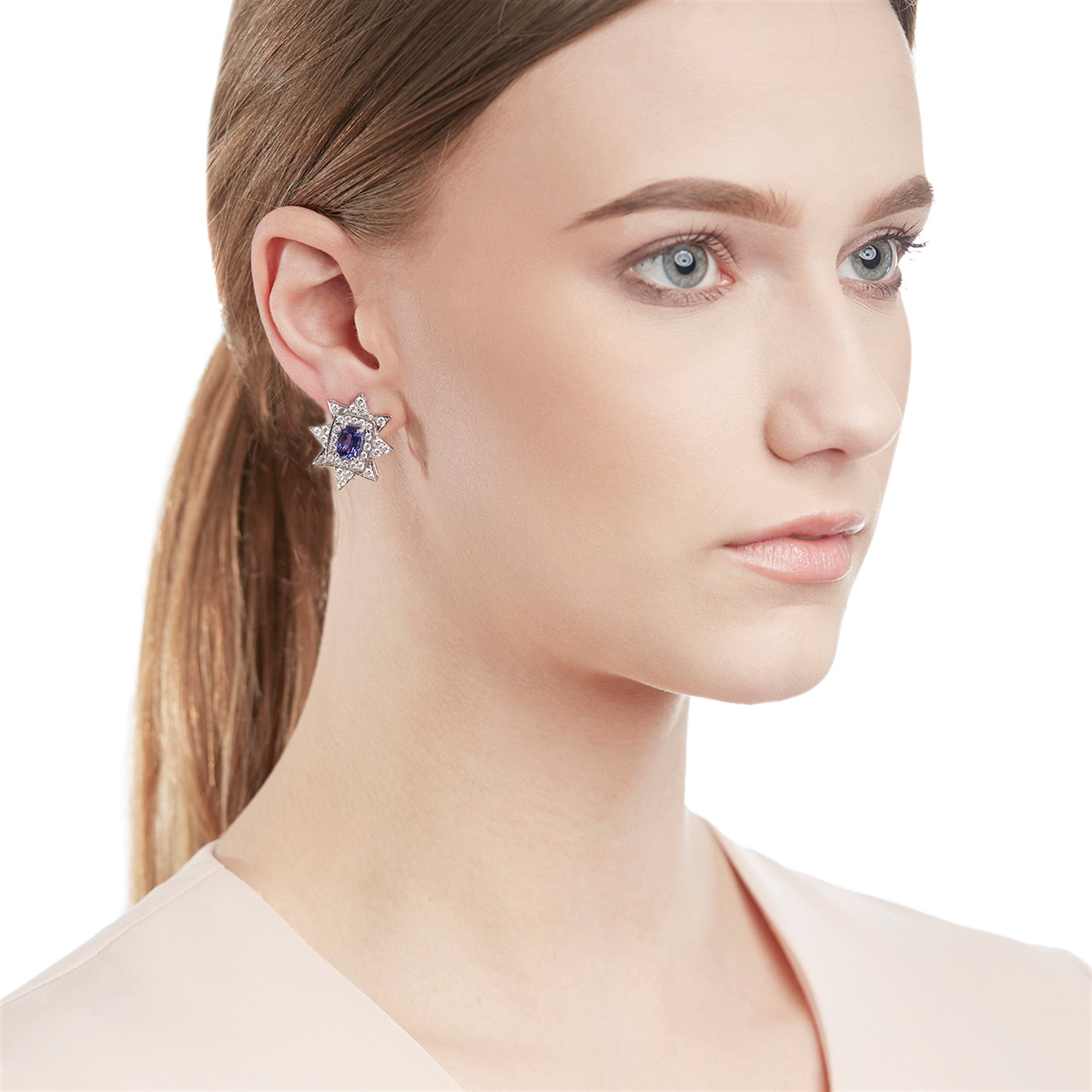 Diamond 18k White Gold Tanzanite & Diamond Star Design Earrings