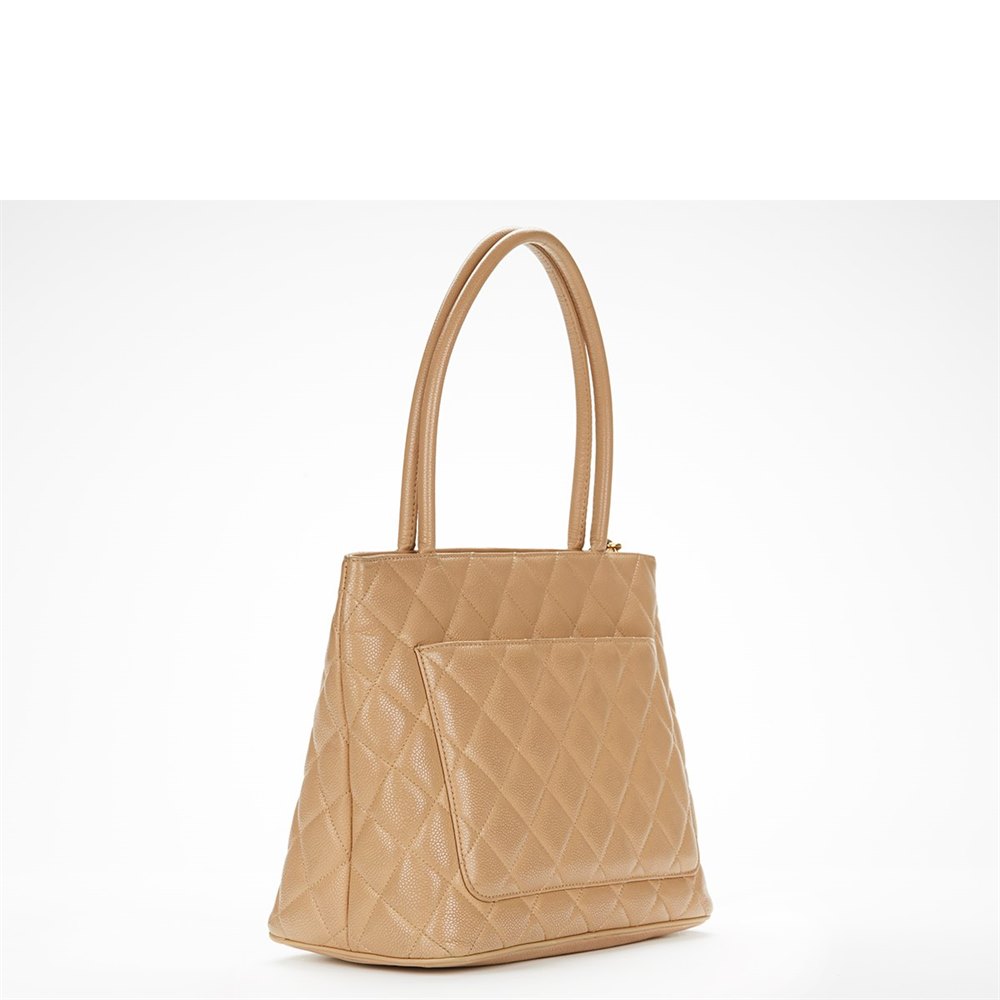 chanel beige quilted caviar leather medallion tote