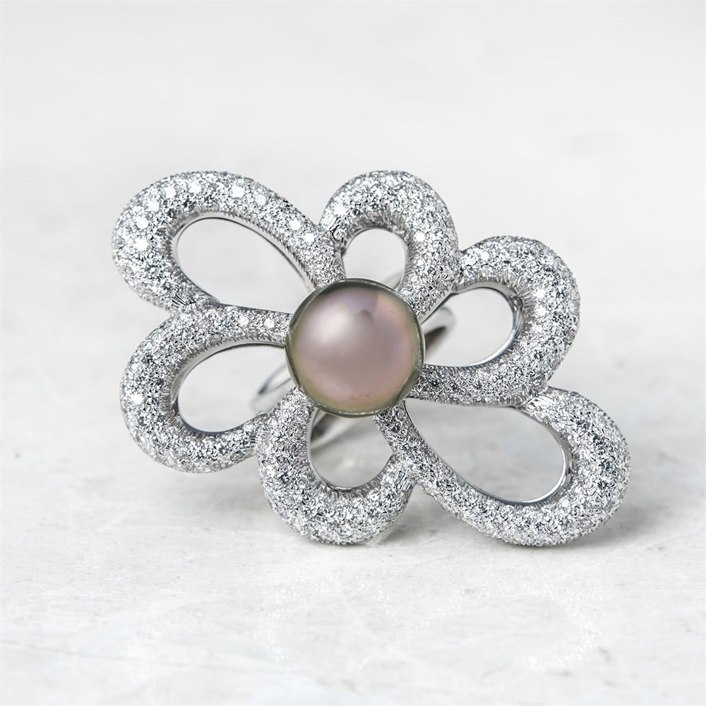 Unbranded 18k White Gold Tahitian Pearl & Diamond Flower Design Ring