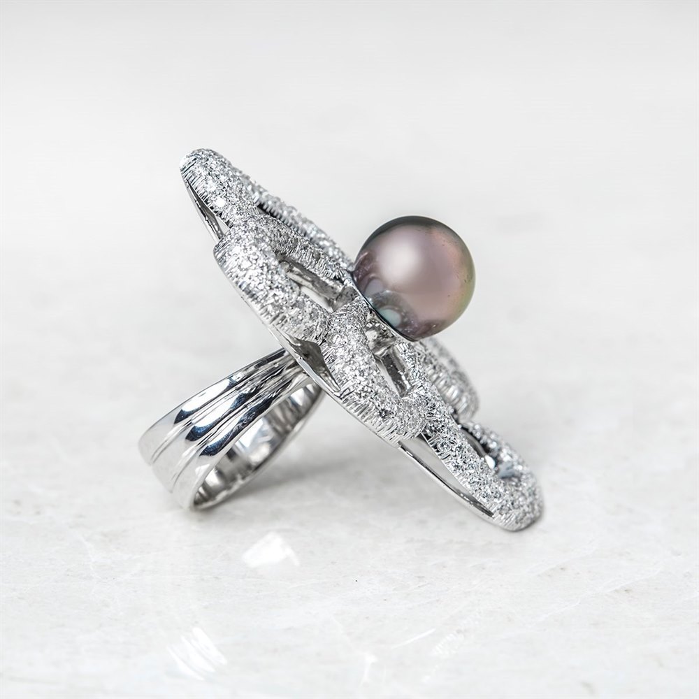 Unbranded 18k White Gold Tahitian Pearl & Diamond Flower Design Ring
