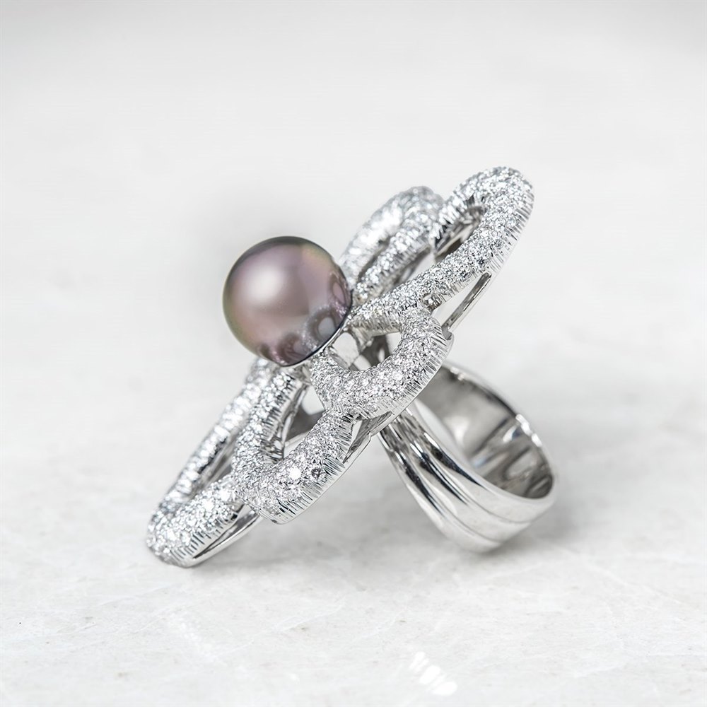 Unbranded 18k White Gold Tahitian Pearl & Diamond Flower Design Ring