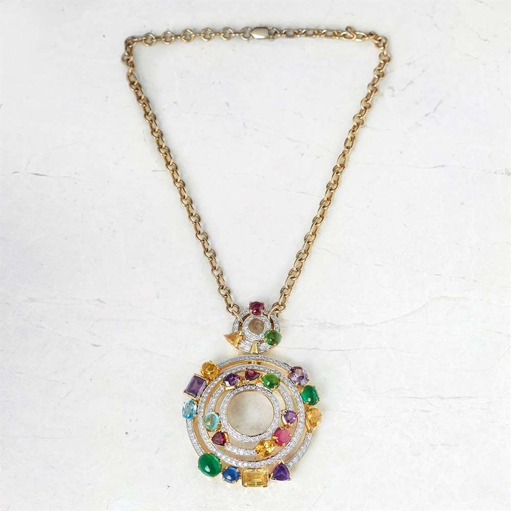 Unbranded 18k Yellow Gold Tourmaline & Diamond Round Circles Pendant Necklace