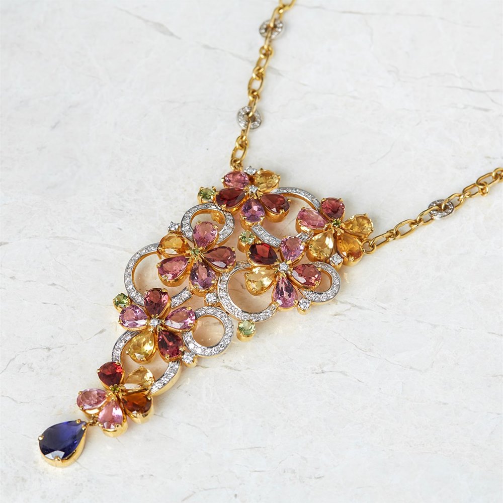 Unbranded 18k Yellow Gold Flower Cascade Tourmaline & Diamond Necklace & Earrings