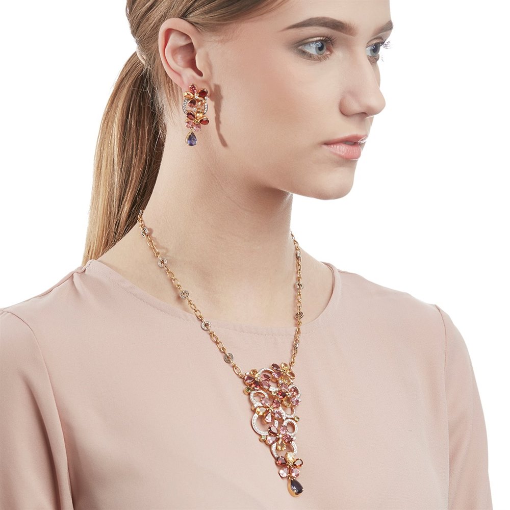 Unbranded 18k Yellow Gold Flower Cascade Tourmaline & Diamond Necklace & Earrings