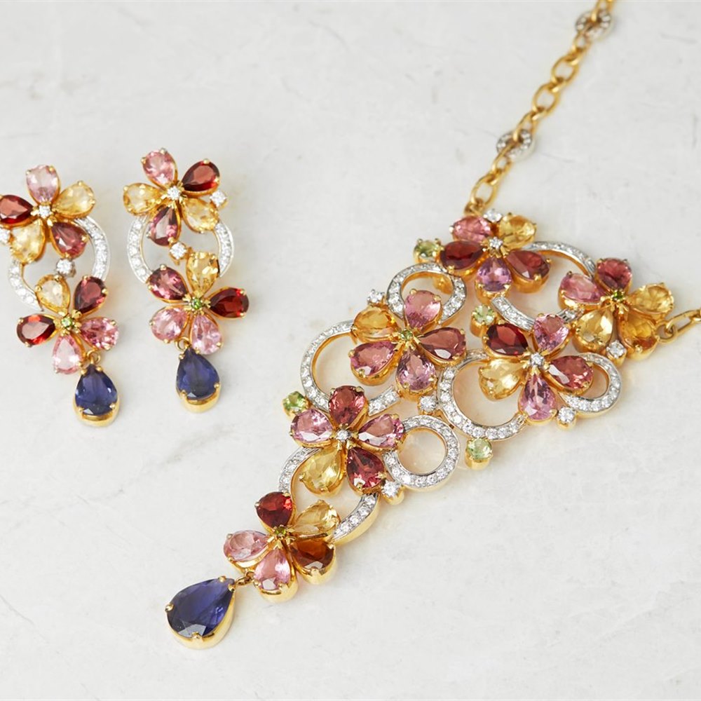 Unbranded 18k Yellow Gold Flower Cascade Tourmaline & Diamond Necklace & Earrings