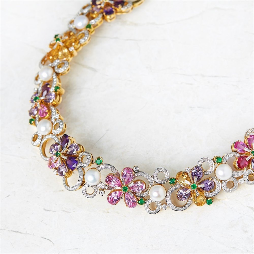 Unbranded 18k Yellow Gold Multicoloured Tourmaline, Pearl & Diamond Necklace