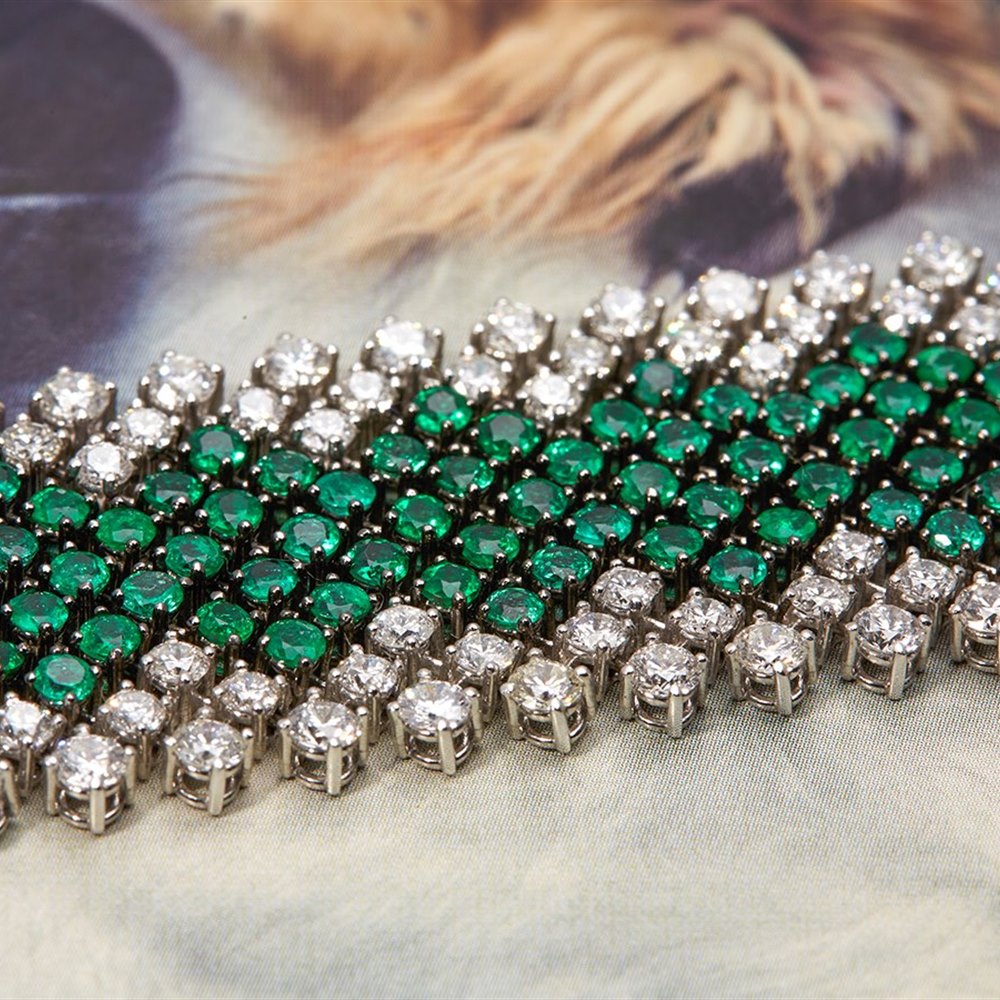 Asprey 18k White Gold Diamond & Emerald Bracelet