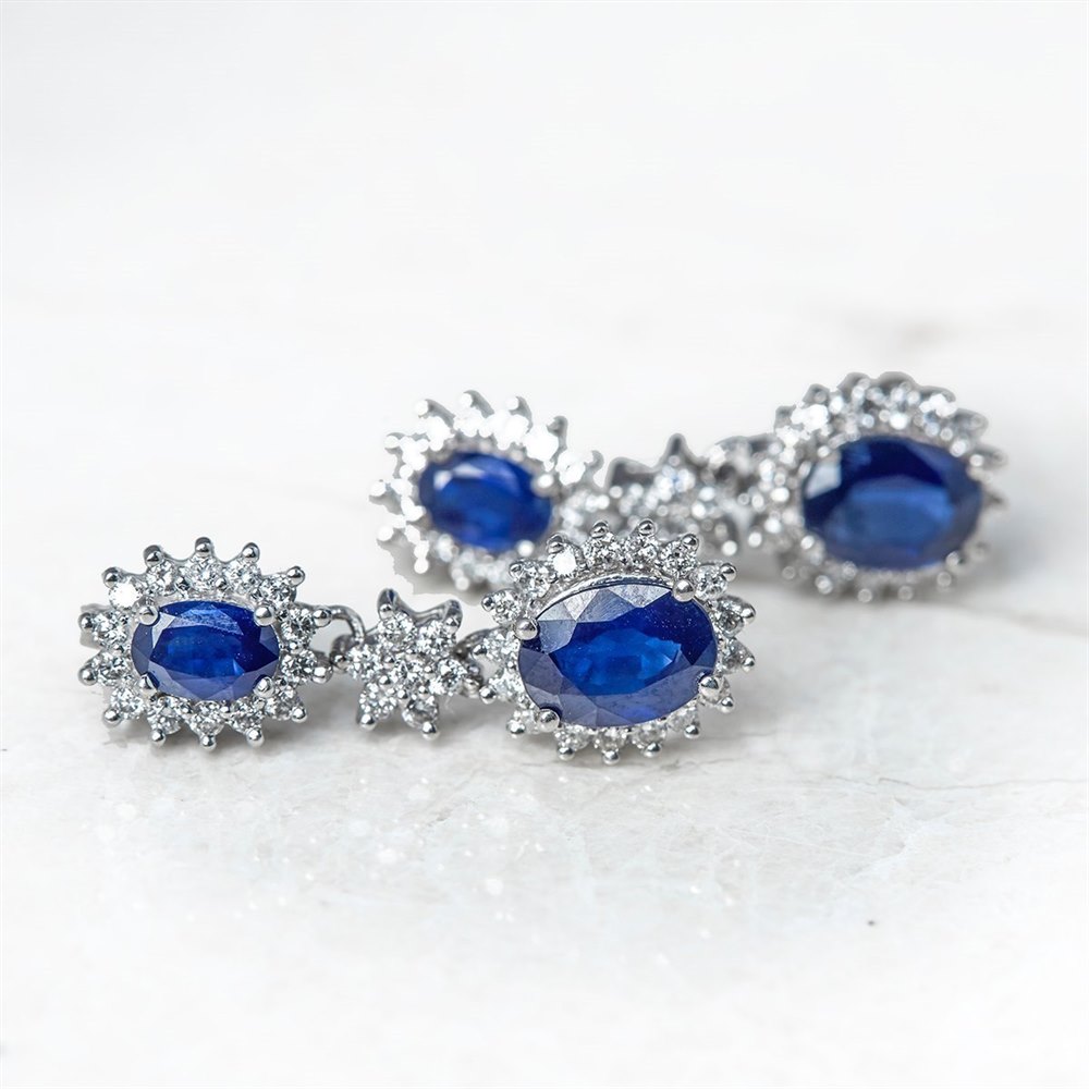 18k White Gold - total weight 7.43 grams 18k White Gold 5.60ct Sapphire & 1.20ct Diamond Drop Earrings
