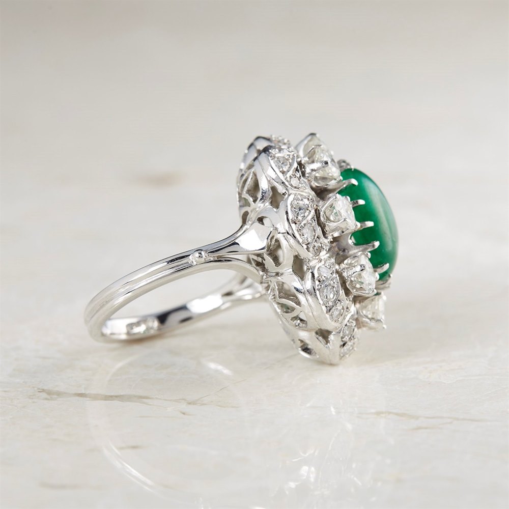 Platinum Platinum Cabochon 4.29ct Emerald & 1.92ct Diamond Cocktail Ring