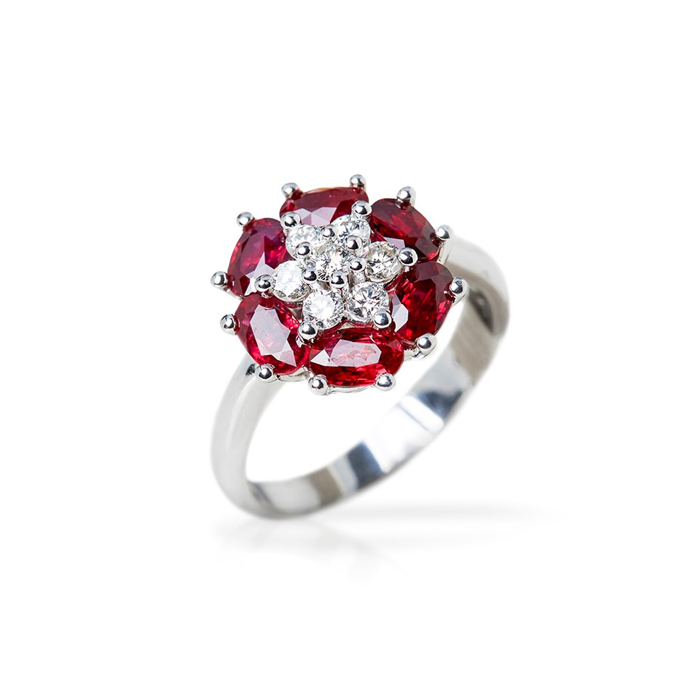 Candame 18k White Gold Ruby & Diamond Flower Design Cocktail Ring