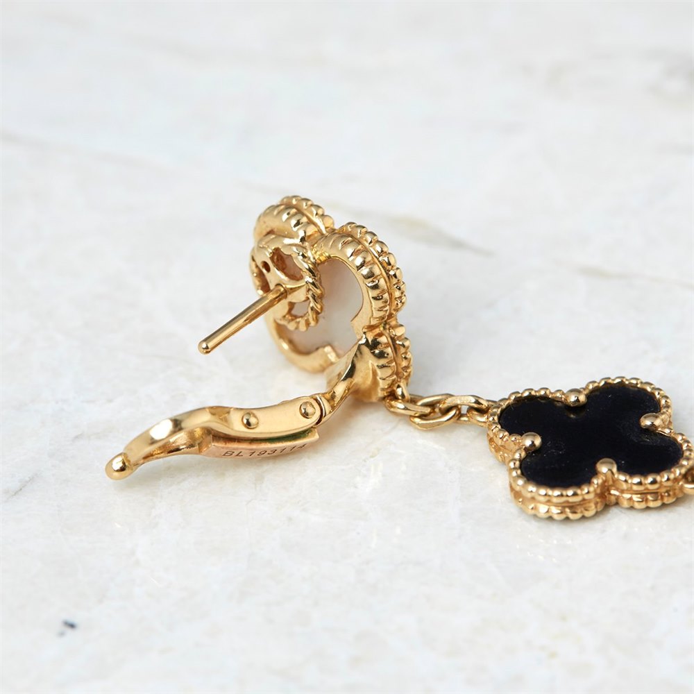 Van Cleef & Arpels 18k Yellow Gold Mother of Pearl & Onyx Magic Alhambra Earrings