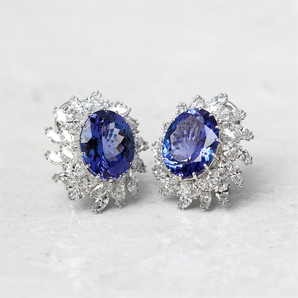 18k White Gold, total weight - 11.42 grams 18k White Gold Oval Mixed Cut Tanzanite & Marquise Cut Diamond Earrings