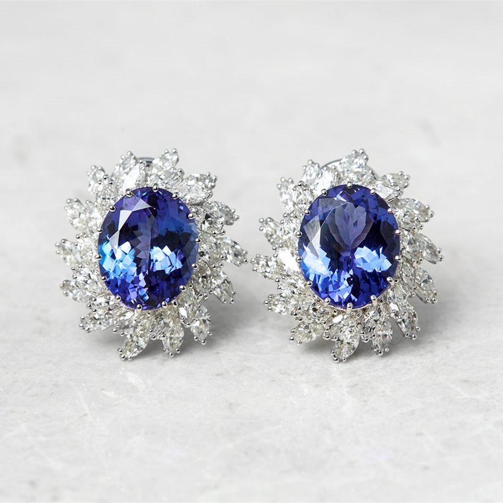 18k White Gold, total weight - 11.42 grams 18k White Gold Oval Mixed Cut Tanzanite & Marquise Cut Diamond Earrings