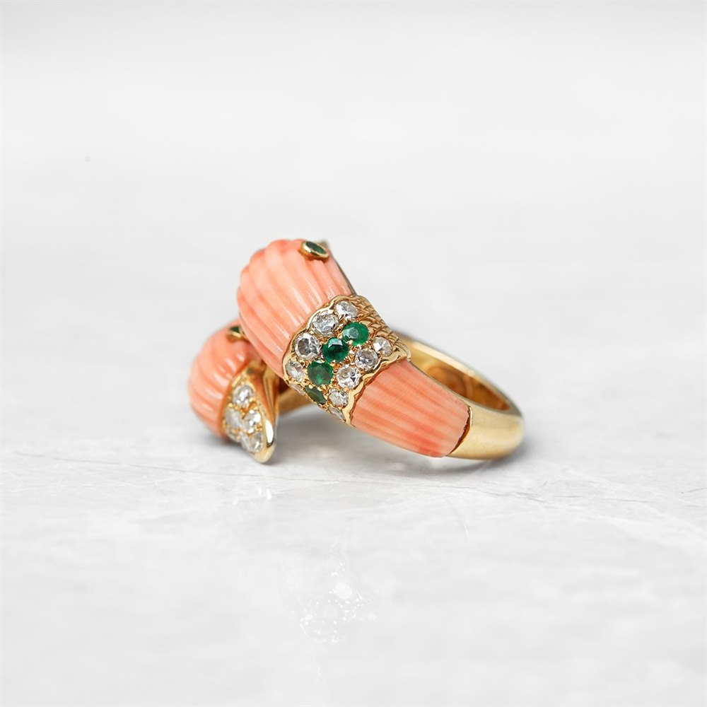 Van Cleef & Arpels 18k Yellow Gold Coral, Diamond & Emerald 'You & Me' Ring