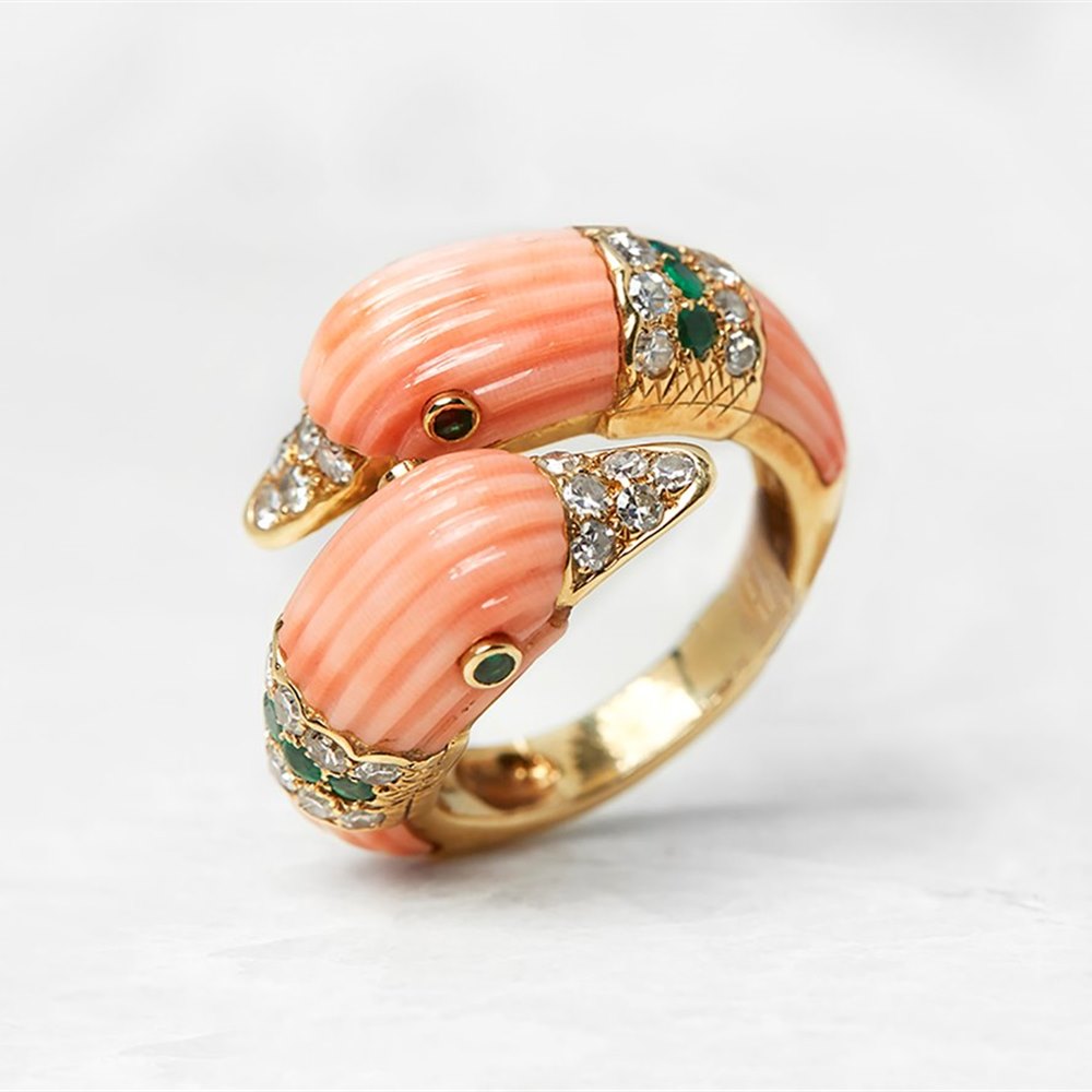 Van Cleef & Arpels 18k Yellow Gold Coral, Diamond & Emerald 'You & Me' Ring