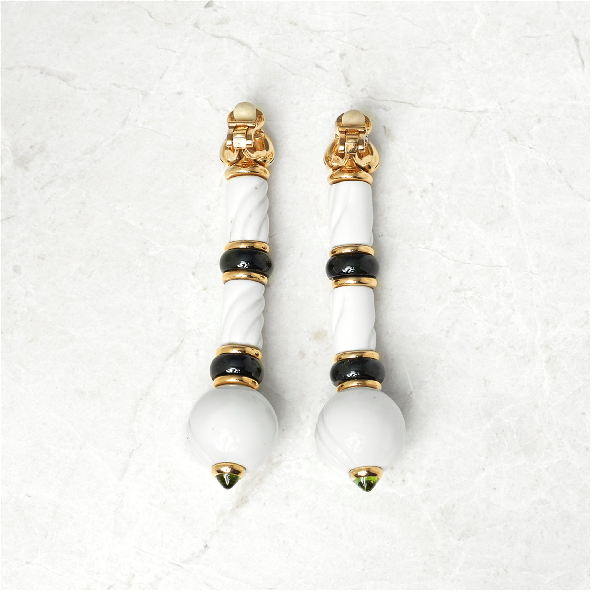 Bulgari 18k Yellow Gold & Porcelain Green Tourmaline Chandra Earrings