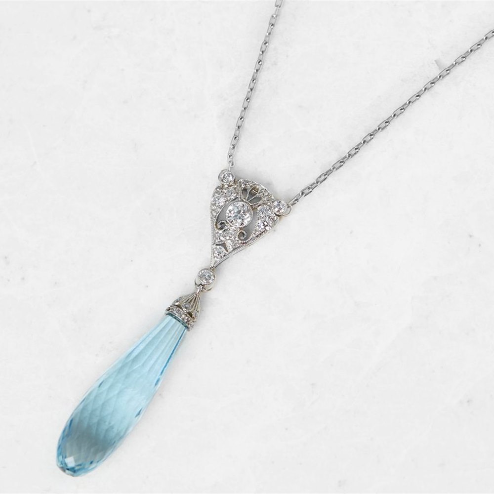 Tiffany & Co. Platinum Briolette Aquamarine & 0.35ct Diamond Edwardian Necklace