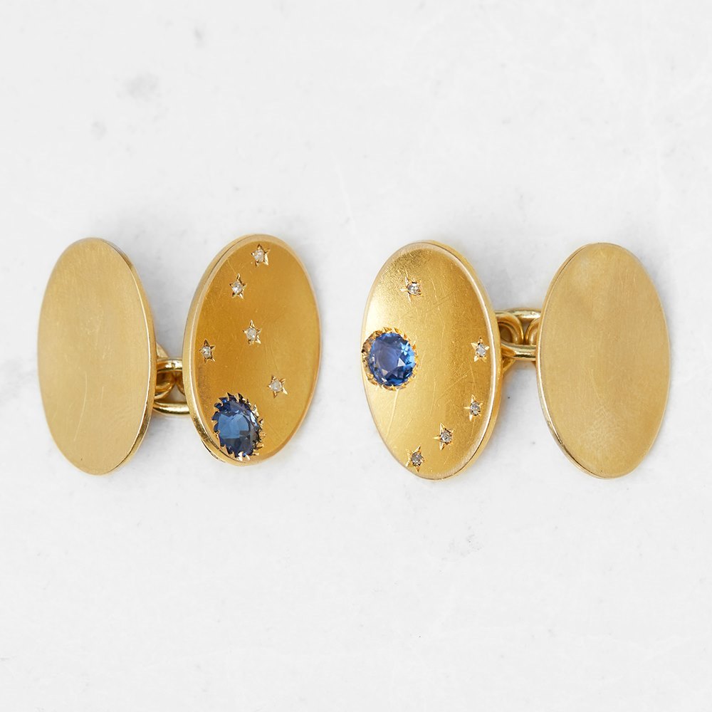 Tiffany & Co. 18k Yellow Gold 0.30ct Sapphire & 0.10ct Diamond Retro Cufflinks