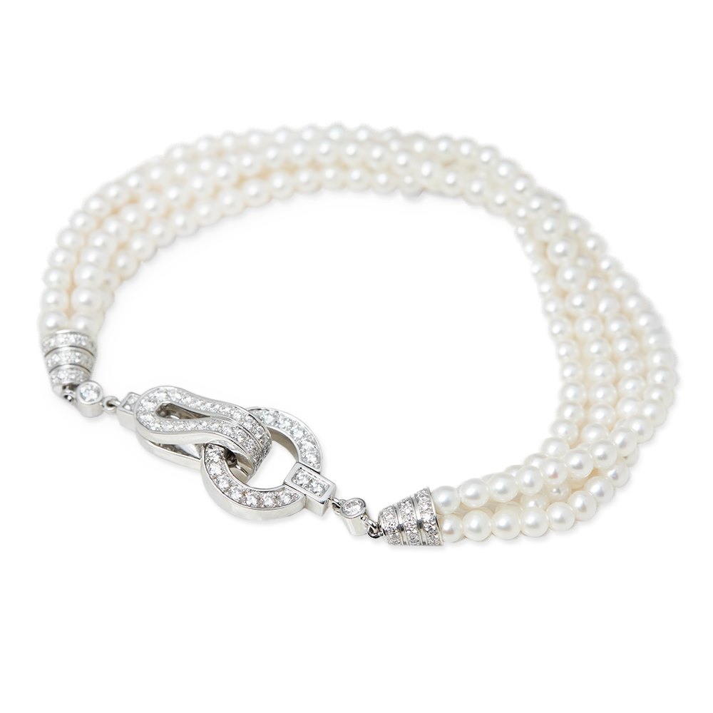 Cartier 18k White Gold Cultured Pearl & 1.02ct Diamond Agrafe Bracelet