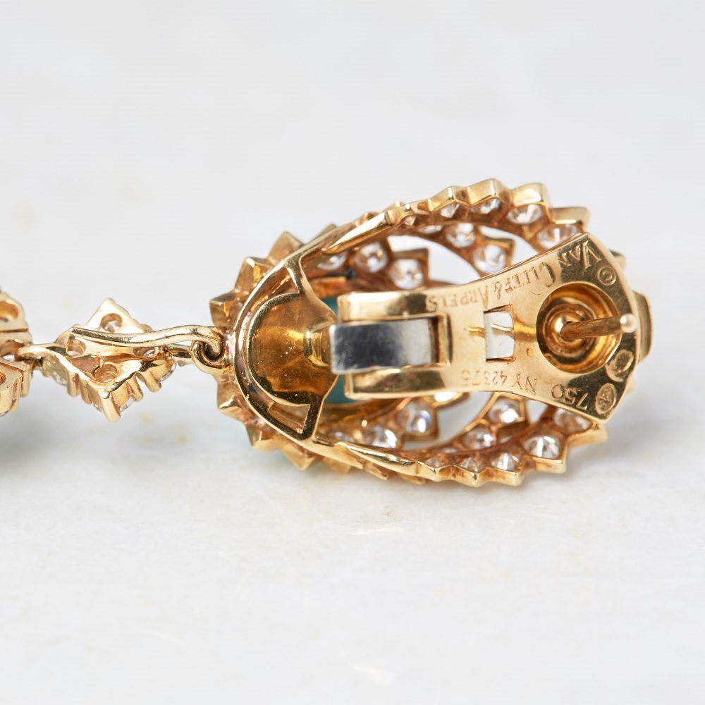 Van Cleef & Arpels 18k Yellow Gold Persian Turquoise & Diamond Vintage Pendant Earrings