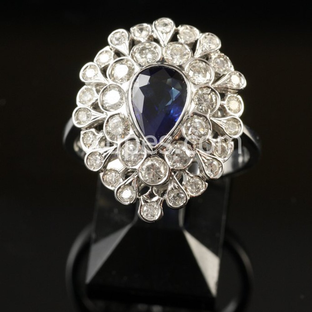 18k White Gold Unusual 1950'S 18K White Gold Sapphire Pear & Diamond Ring