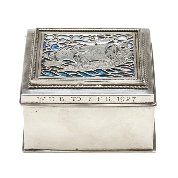 OMAR RAMSDEN ARTS & CRAFTS SILVER AND ENAMEL BOX 1926 + BOOK