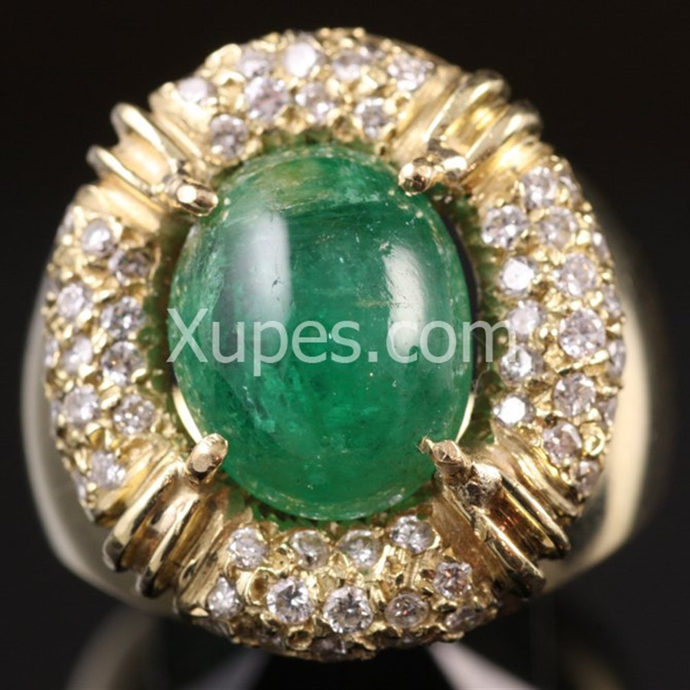14k Yellow Gold 1950'S 14K Yellow Gold Emerald & Diamond Cocktail Ring