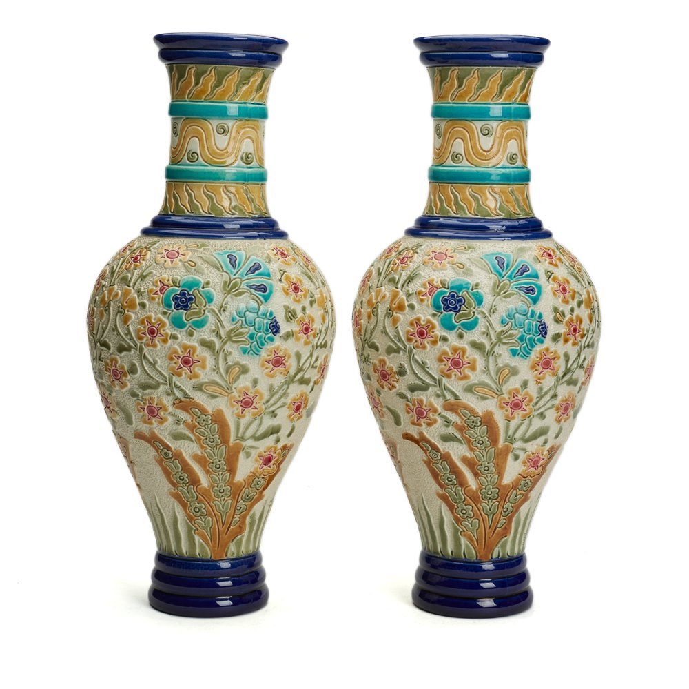 BURMANTOFTS FAIENCE FLORAL VASES, PAIR Circa 1882 - 1904