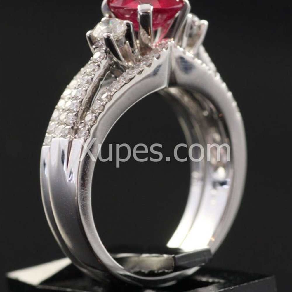 18k White Gold 18K White Gold Ruby & Diamond Double Ring Set