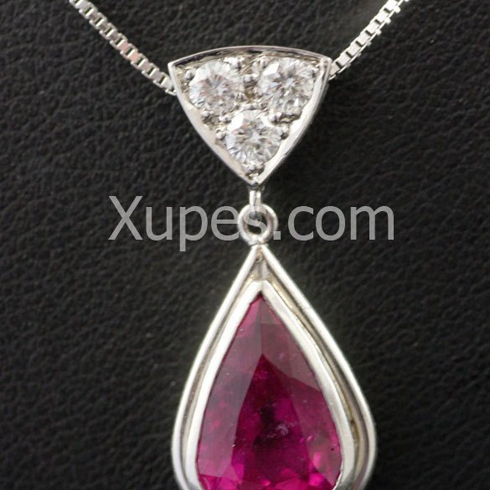 18k White Gold Hand Made Unique 18K White Gold Rubelite Pear & Diamond Pendant With Chain