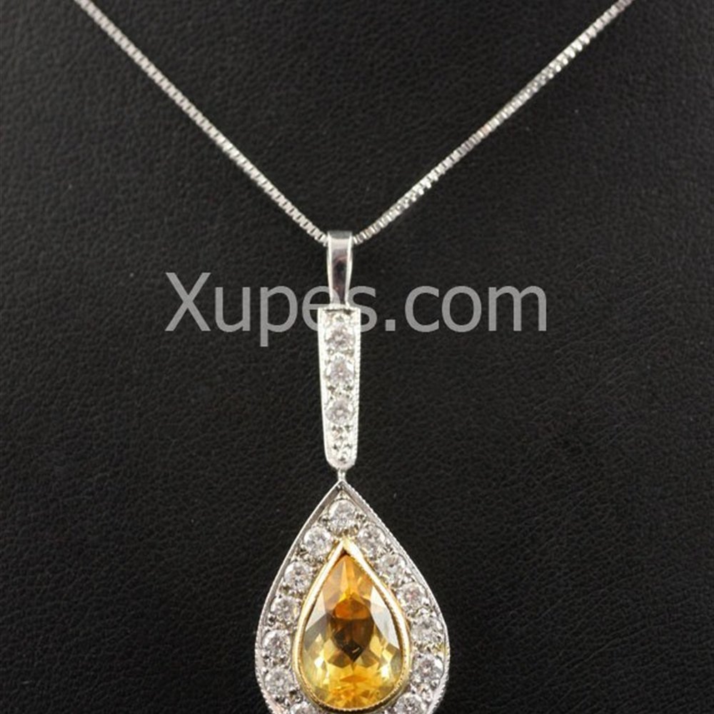 18K White & Yellow Gold Hand Made Unique 18K Yellow/White Gold Citrine & Diamond Pendant With Chain