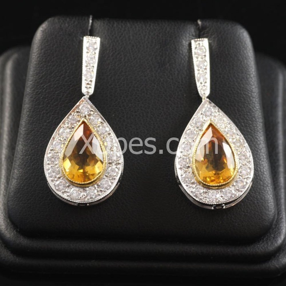 18k White & Yellow Gold Hand Made Unique 18K Yellow/White Gold Citrine & Diamond Earrings