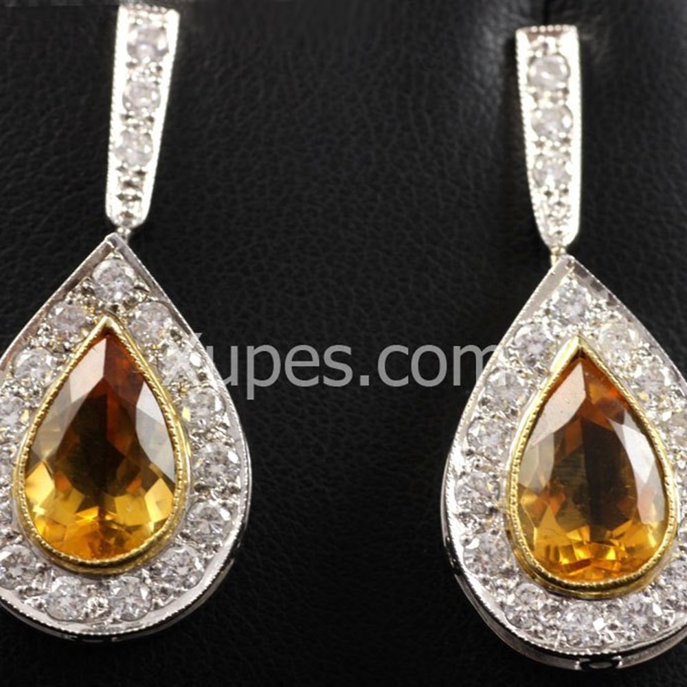 18k White & Yellow Gold Hand Made Unique 18K Yellow/White Gold Citrine & Diamond Earrings