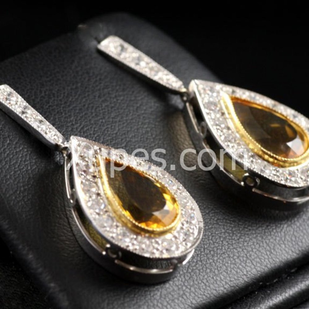 18k White & Yellow Gold Hand Made Unique 18K Yellow/White Gold Citrine & Diamond Earrings