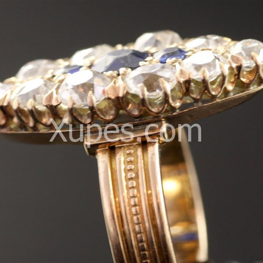 18K Yellow Gold Unusual 1930'S 18K Yellow Gold Marquise Shape Diamond & Sapphire Ring