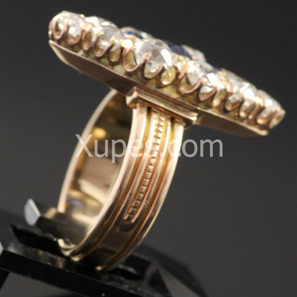 18K Yellow Gold Unusual 1930'S 18K Yellow Gold Marquise Shape Diamond & Sapphire Ring