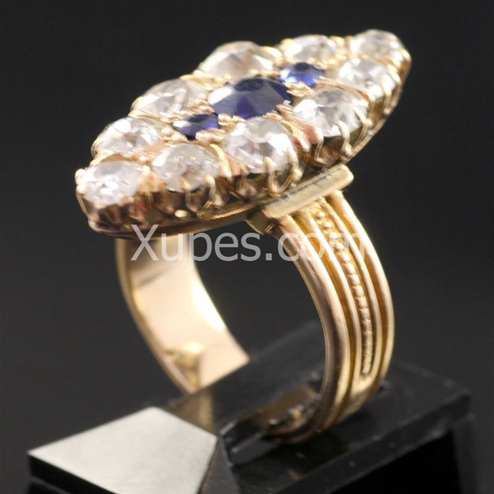 18K Yellow Gold Unusual 1930'S 18K Yellow Gold Marquise Shape Diamond & Sapphire Ring