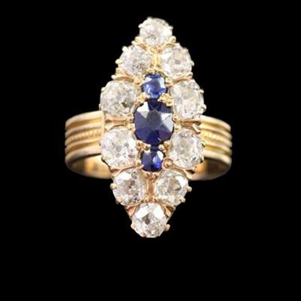 18K Yellow Gold Unusual 1930'S 18K Yellow Gold Marquise Shape Diamond & Sapphire Ring