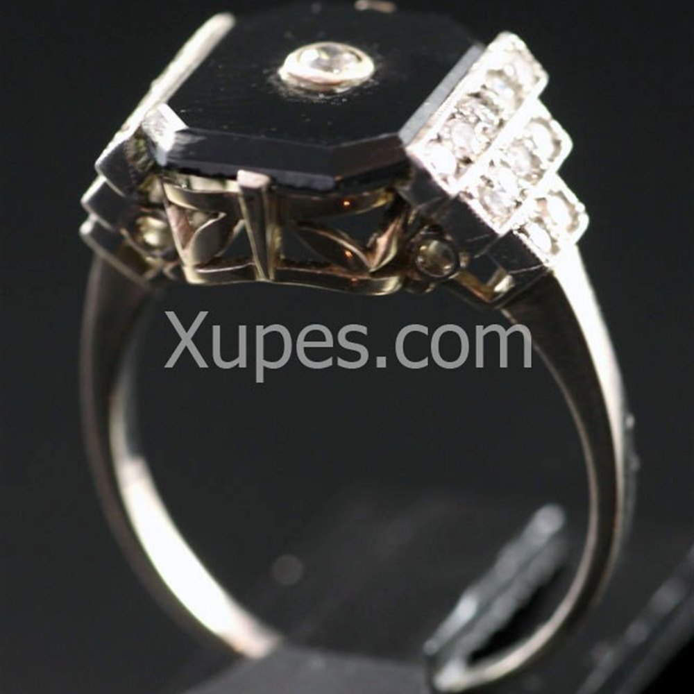 18K White Gold 1930'S Art Deco Onyx & Diamond 18K White Gold Ring