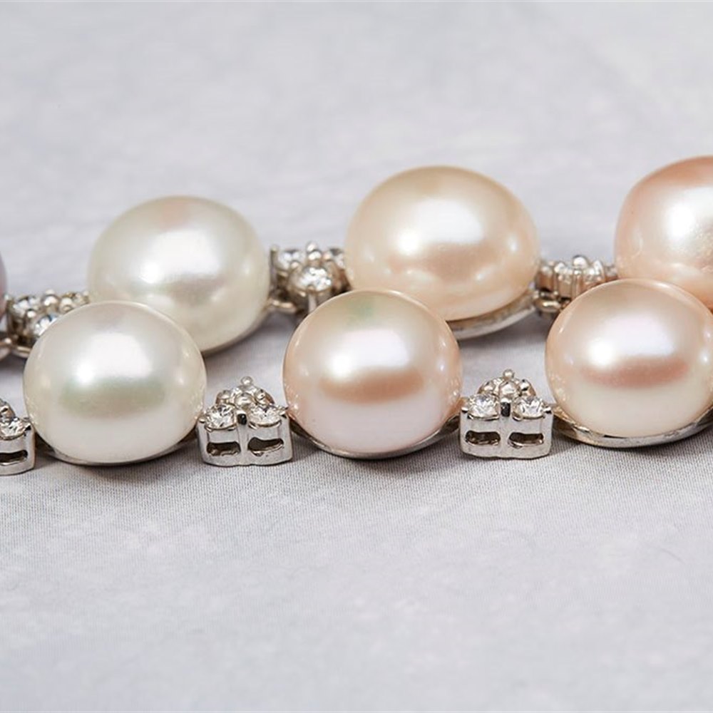 Mappin & Webb 18K White Gold Button Pearl & Diamond Necklace