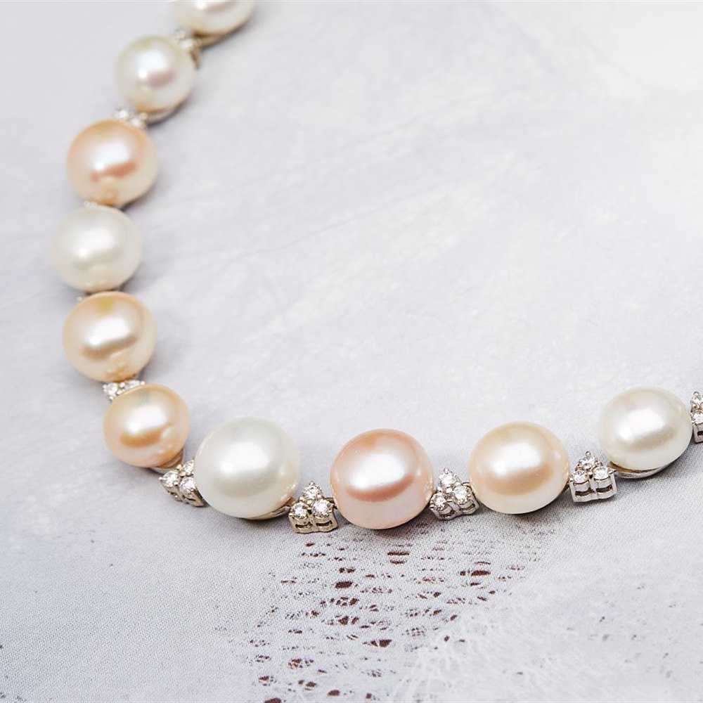 Mappin & Webb 18K White Gold Button Pearl & Diamond Necklace