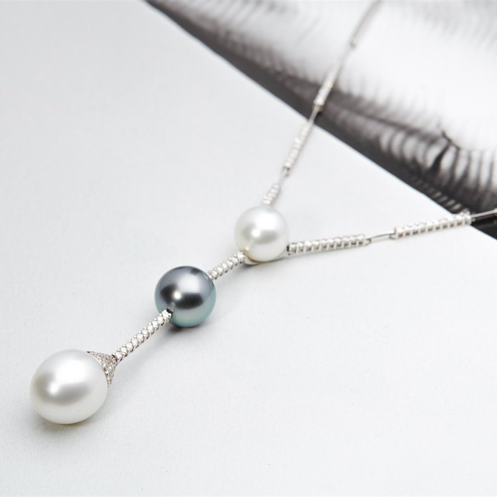 Mappin & Webb 18k White Gold South Sea & Tahitian Pearl Drop Necklace