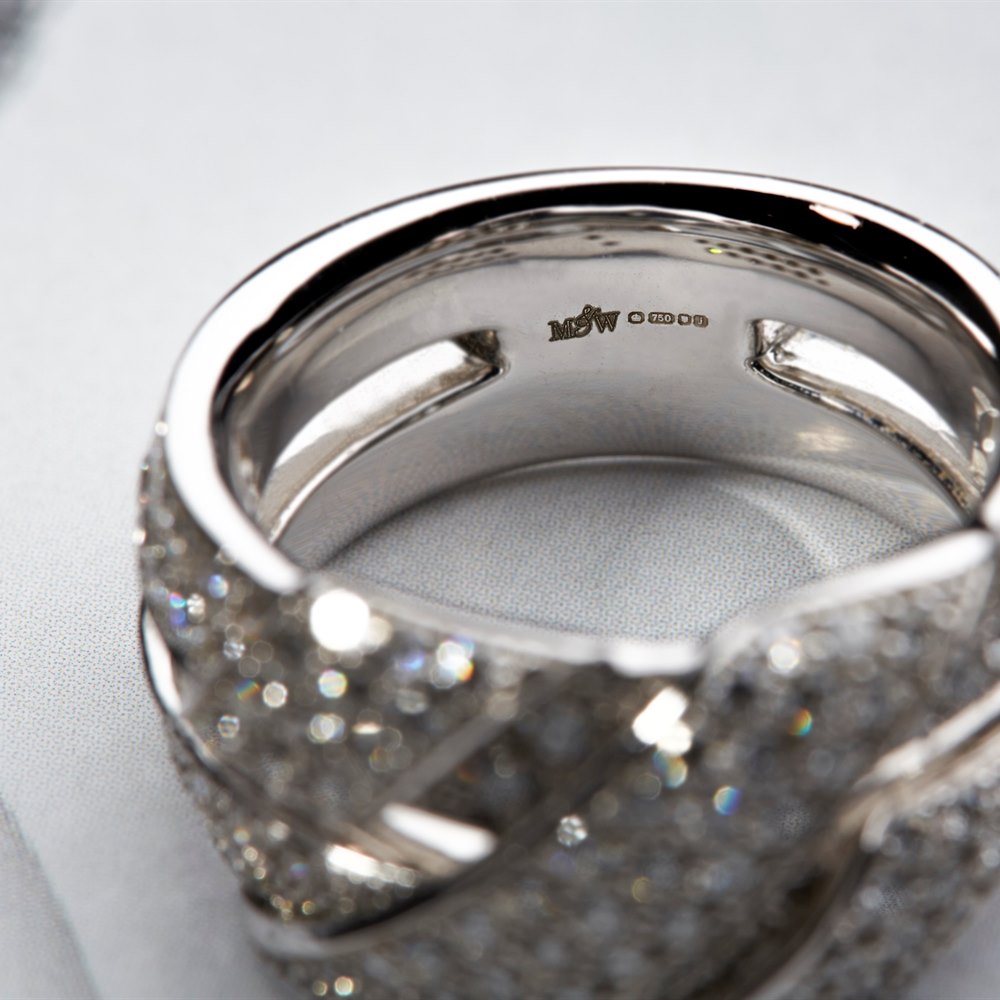 Mappin & Webb 18K White Gold Paved Diamond Stitch Ring.